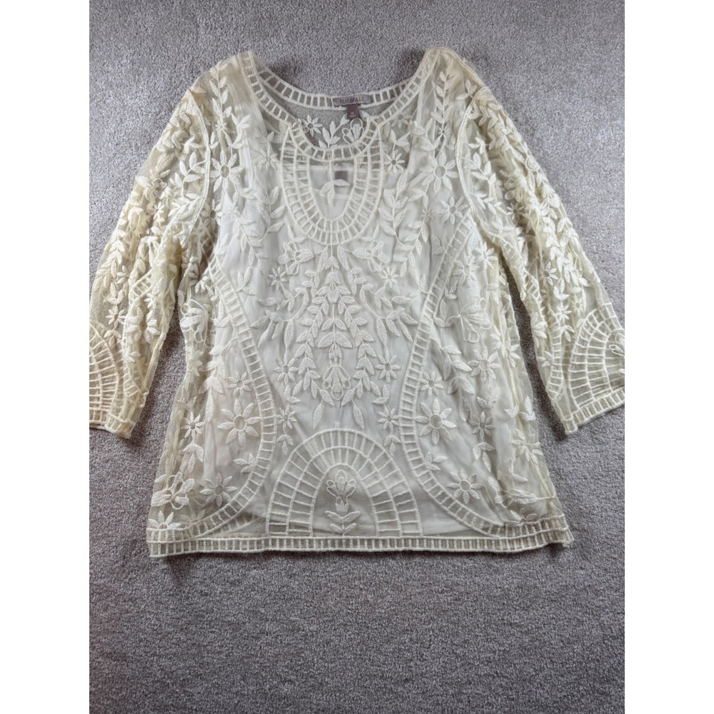 Roz & Ali Women Ivory Floral Embroidered Lace 3/4 Sleeve Top XL B2B5744A492DB